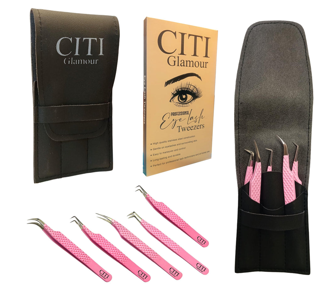 CITI GLAMOUR Lash Tweezers For Eye Lash Extension set of 5 Precise Fiber Tip with Diamond Grip Complete set for Volume Lashes Pink