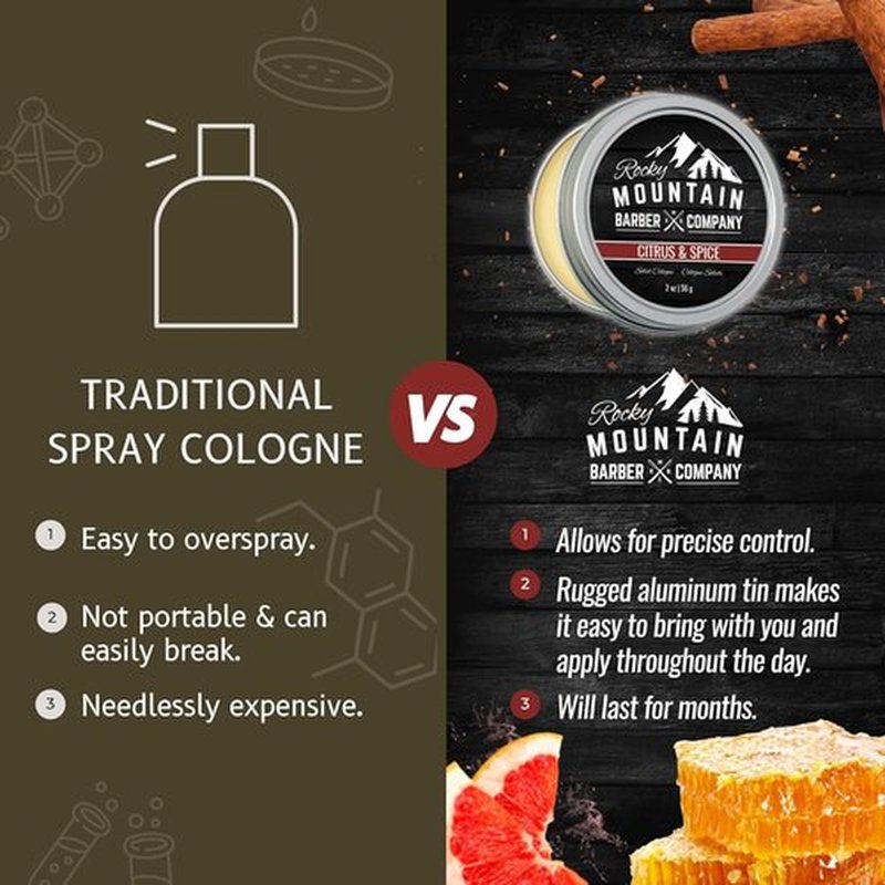 Rocky Mountain Barber Company Solid Cologne for Men - Citrus & Spice Scent - 2 Oz | Long-Lasting Formula with Coconut Oil & Shea Butter