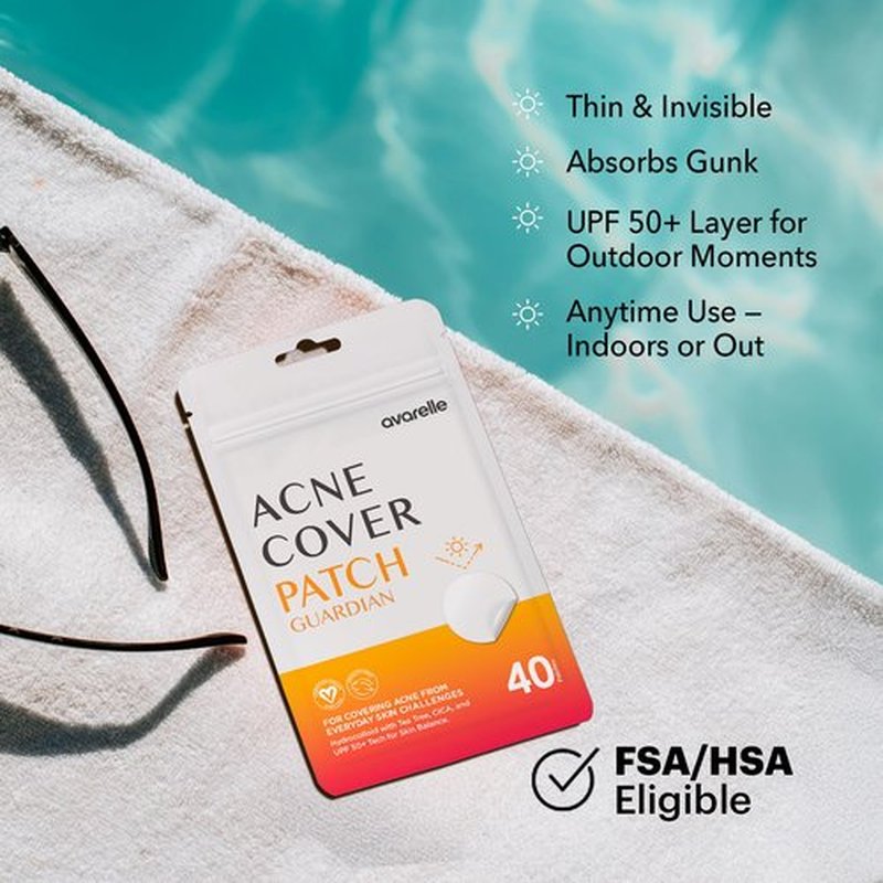 AVARELLE Acne Cover Patch Guardian – Invisible UPF 50+ Daytime Sun Guard Hydrocolloid Pimple Patches with Cica, Tea Tree & Calendula, Smart Acne Patch for Acne-Prone Skin, 40 Count