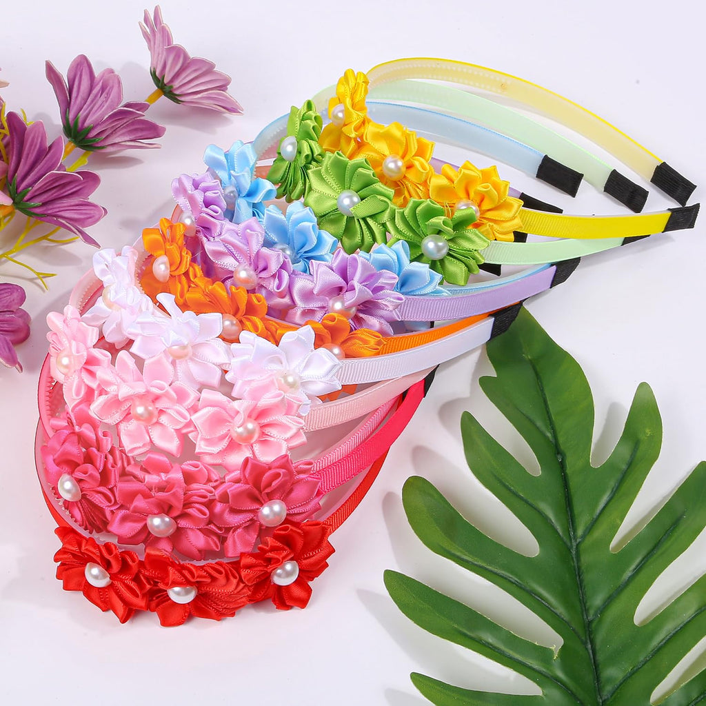 XIMA Pearl Flower Headbands for Girls,Satin Hair Bands with Flowers, Multiple Colors Pack of 10