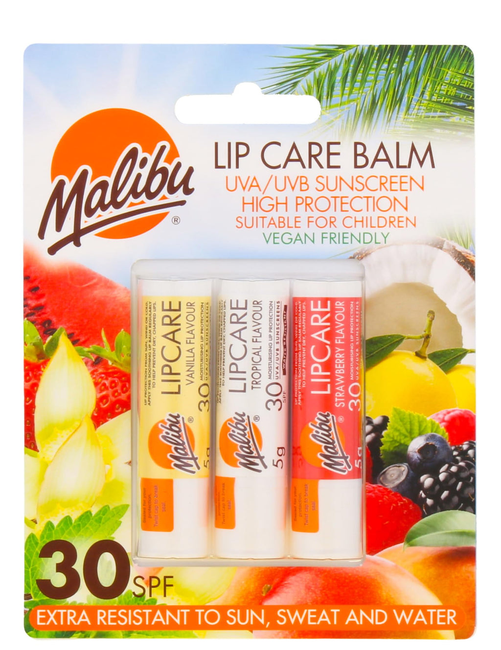 Malibu Lip Care Balm, Vanilla, Tropical, Strawberry, SPF30