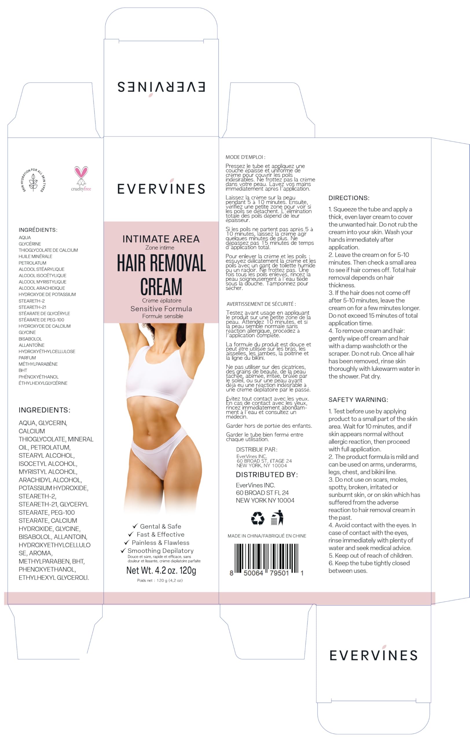Evervines Hair Removal Cream for Women: Bikini Line Intimate Area Depilatory for Face Legs and Underarms - Gentle Formula for Home and Travel Use - Includes Scraper (4.2oz)