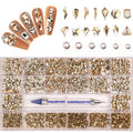 HINABTRU Gold Rhinestones for Nails Champagne Nail Gems Diamonds-7220Pcs Nail Crystals Jewels-Nail Charms Accessories for Nail Decoration(14 Different Shape+ 6520 Round Gold Nail Stones+Wax Pen)