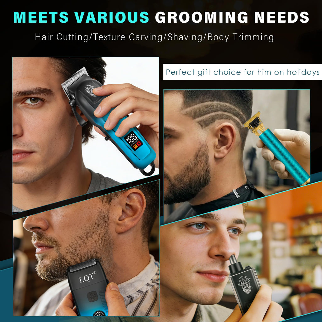 Hair Clippers for Men with LED Display, 4-Piece Cordless Grooming Kit with Hair Clipper, Beard Trimmer, Foil Shaver, Nose Trimmer, Complete Rechargeable Set for Home Barber