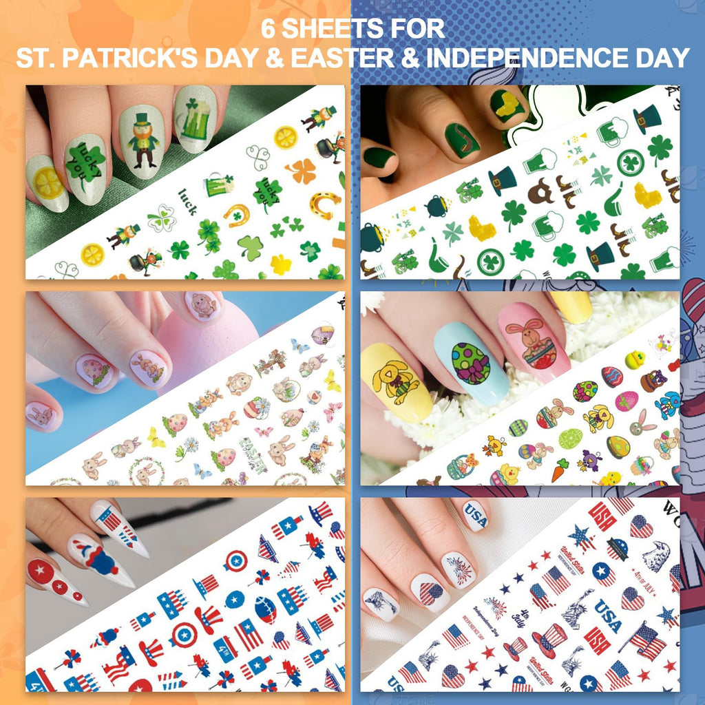 Whaline 18 Sheets Valentine Nail Art Stickers All Holiday Nail Decals St Patricks Day All Season Fall Halloween Winter Christmas 4th of July Self-Adhesive Nail Decals for DIY Manicure Party Decor