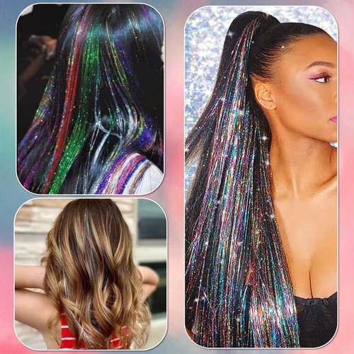 Hair Tinsel Kit with Tools and Instruction Easy to Use 12 Colors 2400 Strands 48 Inches Tinsel Hair Extensions for Women and Girls, Glitter Sparkling Shinny Fairy Hair Accessories for Party