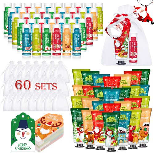 KONEUK 60 Pack Christmas Hand Cream and Lip Balm Set, Stocking Stuffers for Women, Bulk Hand Lotion for Christmas Gifts, Christmas Party Favors, Party Supplies and Christmas Decorations