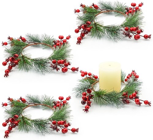 Skiennix Christmas Candle Rings - Snowy Pine Needle & Red Berry Mini Wreaths | 4PCS for Festive Home Decor