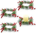 Skiennix Christmas Candle Rings - Snowy Pine Needle & Red Berry Mini Wreaths | 4PCS for Festive Home Decor
