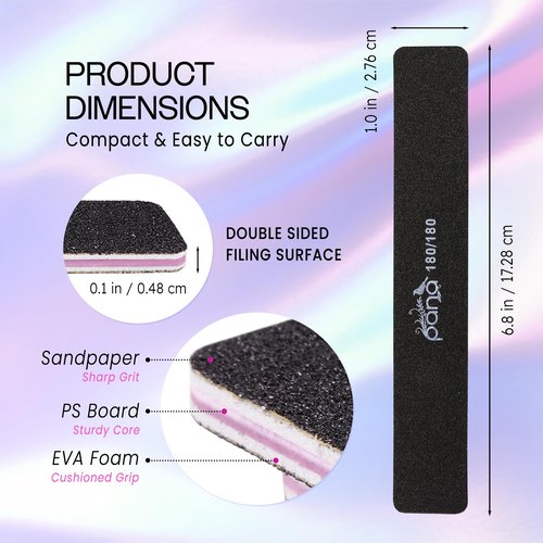 PANA Jumbo Double-Sided Emery Nail File for Manicure, Pedicure, Natural, and Acrylic Nails - Black (Grit 180/180) - 50 Piece Pack