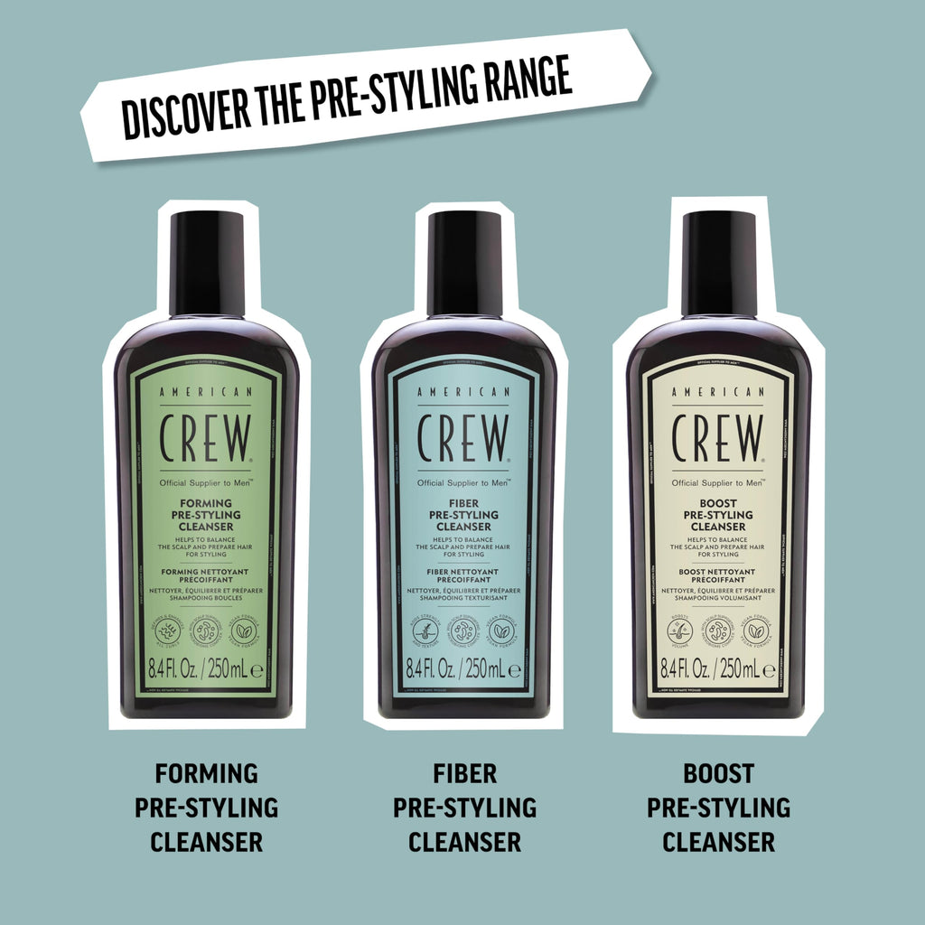 AMERICAN CREW Men's Pre-Styler Fiber Shampoo for Damaged & Fine Hair, Strengthening & Scalp Balancing, Adds Thickness & Shine, Vegan, 8.4 fl oz