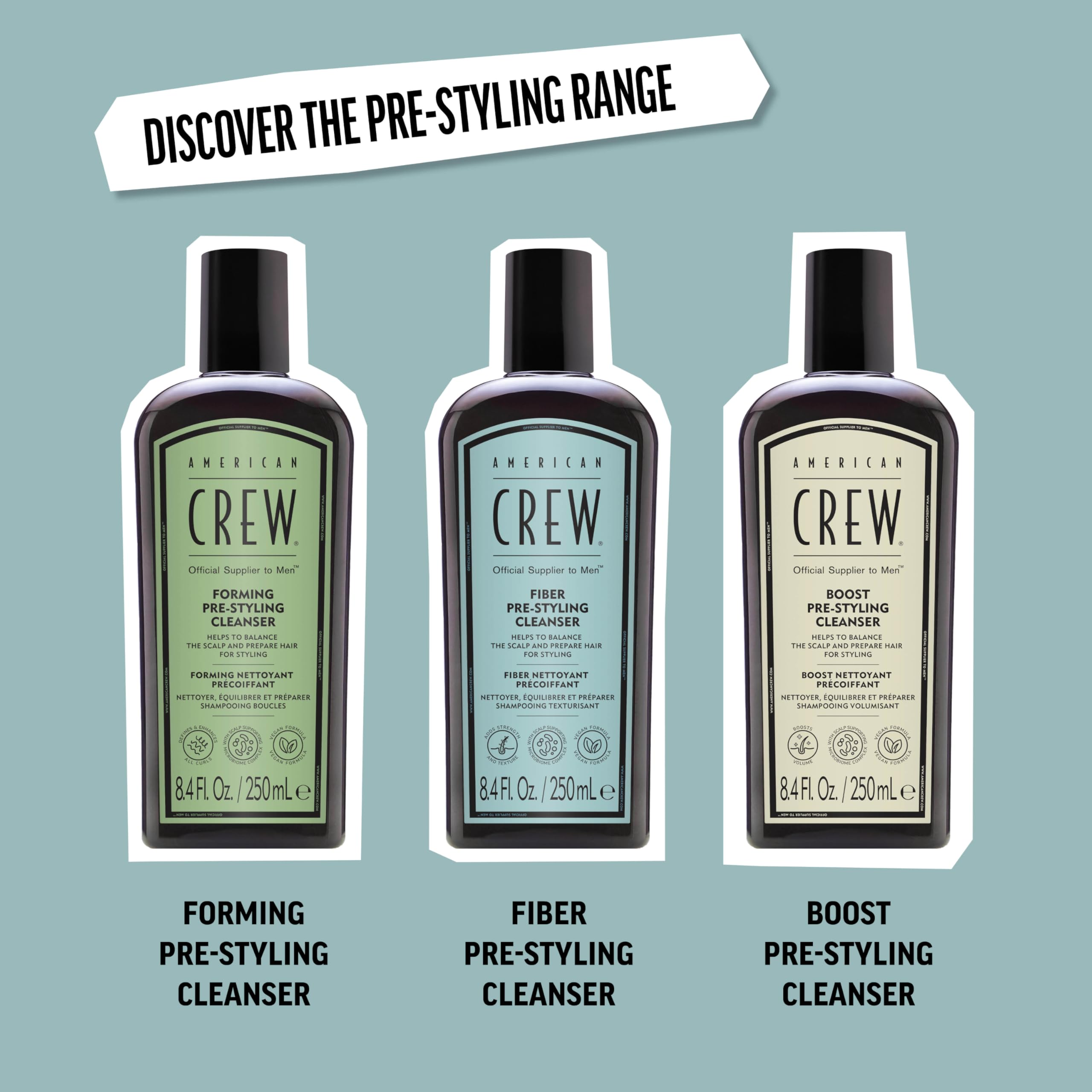 AMERICAN CREW Men's Pre-Styler Fiber Shampoo for Damaged & Fine Hair, Strengthening & Scalp Balancing, Adds Thickness & Shine, Vegan, 8.4 fl oz