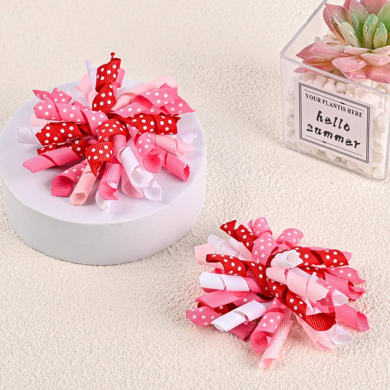 Valentine Hair Bow Clips - Curly Ribbon & Flower Ball Hair Bow Clips Handmade Cheer Alligator Barrette Pins for Kids Girls Grosgrain Ribbon Fireworks Ballflower Accessories (Red/White/Pink)