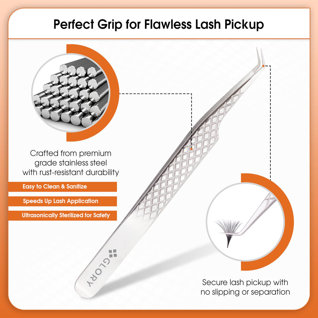 Glory Professional Angled Fiber Tip Eyelash Tweezers for Volume & Mega Volume, Diamond Grip Stainless Steel Precision Lash Extension Tweezers
