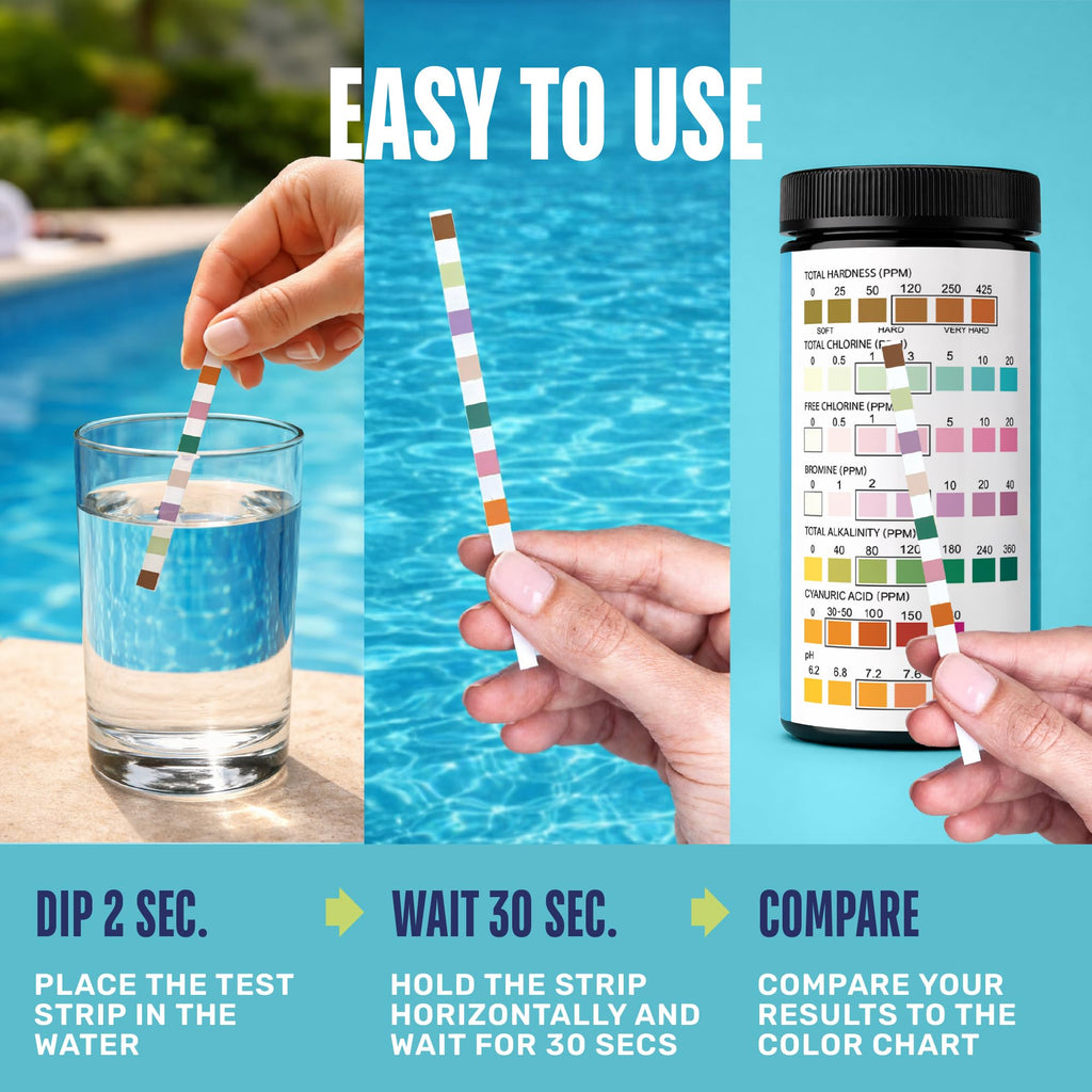 JNW 7-in-1 Pool Test Strips, 100 Quick & Accurate Test Strips for Pool Water, Spa Test Strips for Hot Tub, Chlorine Test Strips, Bromine, pH, Alkalinity, Hardness & More - Swimming Pool Test Kit