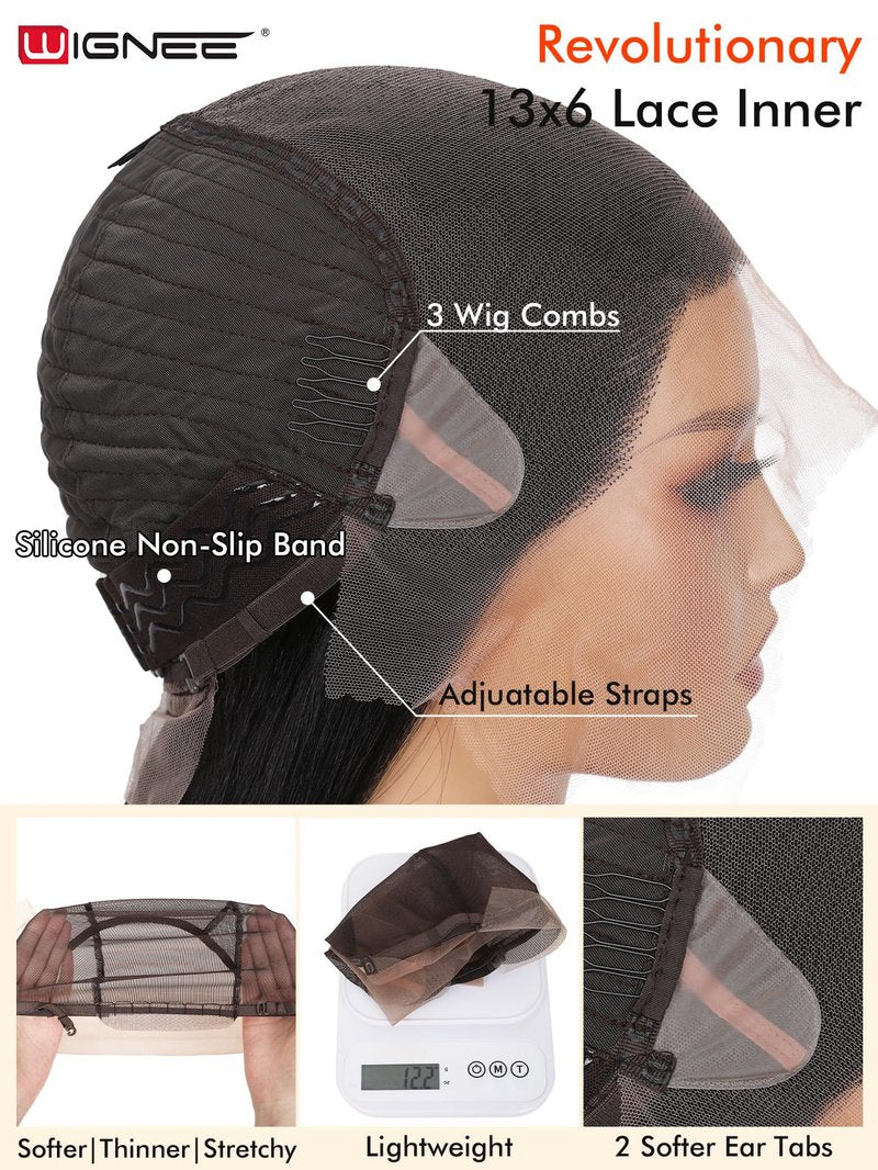 WIGNEE 13x6 Synthetic Lace Front Wig 28" Long Straight Wig Natural Black Kanekalon Futura Synthetic Wigs for Black Women Pre-Plucked Glueless Wig for Daily Party Use
