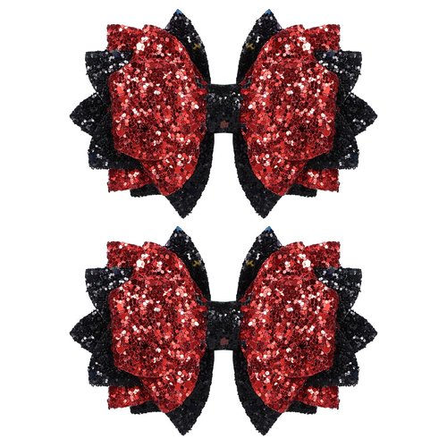 Glitter Bow Hair Clips 4 Layers Sparkly Sequin Hair Bows 3.6 Inch Kids Girls Holiday Cheer Hair Accessories for Halloween Christmas Birthday, Red & Black