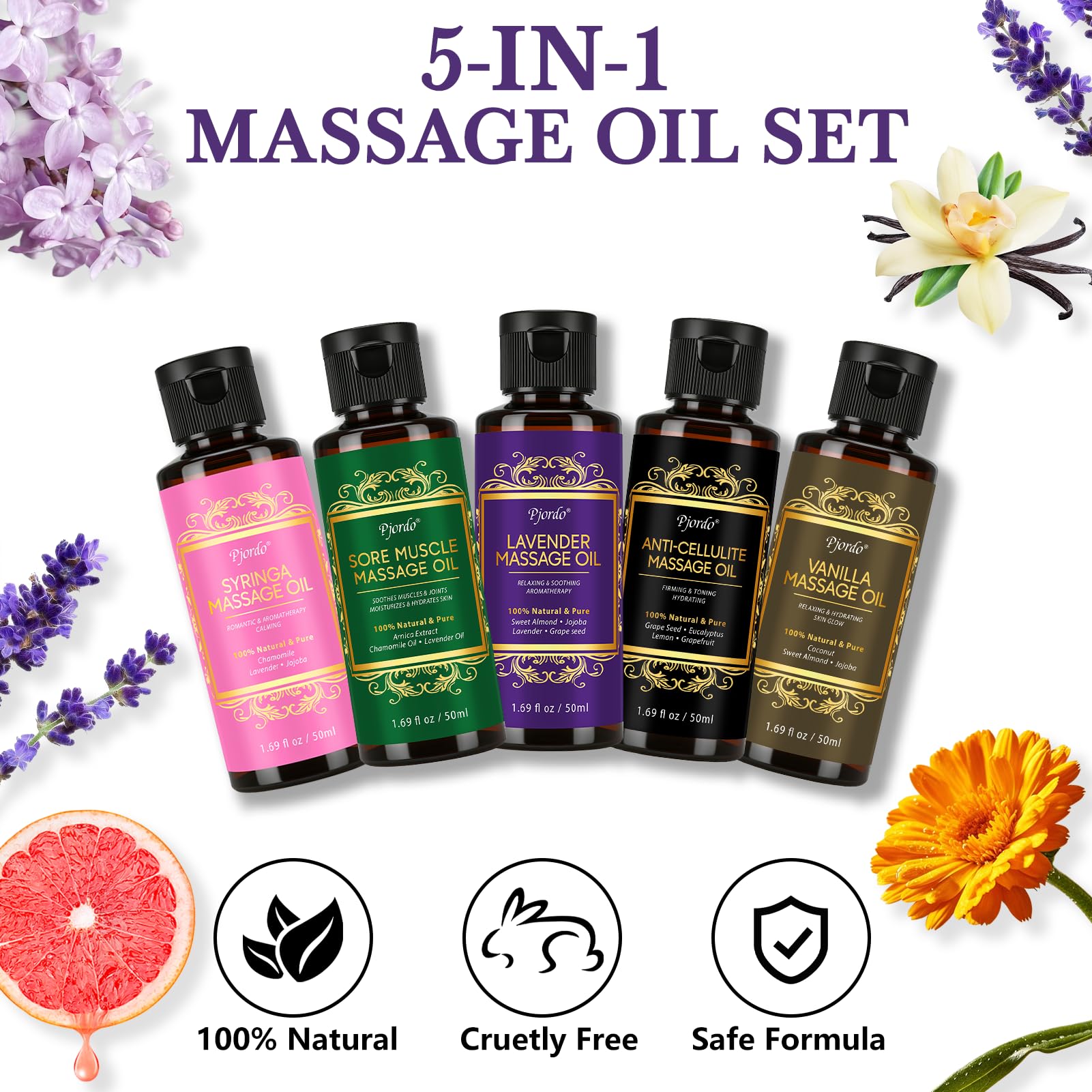 Pjordo 5 Pack Massage Oil for Massage Therapy, Lavender, Vanilla, Sore Muscle, Syringa & Anti Cellulite Massage Oil Kit for Relaxing Muscle & Soothing The Body, Home Spa Gift for Her Him