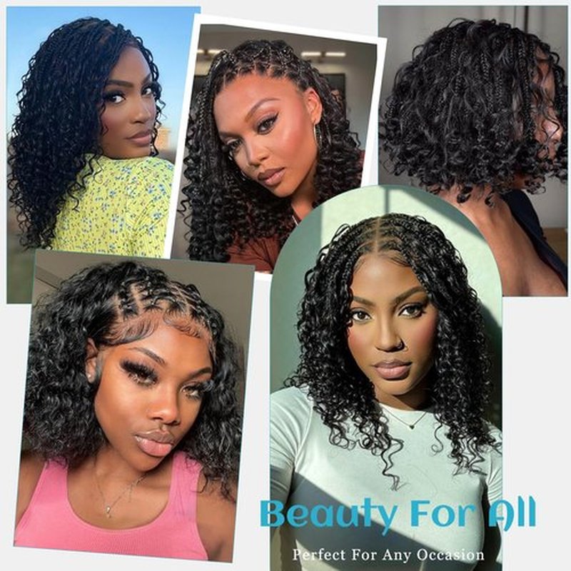 Bohemian Box Braided Bob Wigs Human Hair 5x5 HD Transparent Lace Closure 10 Inch 200% Density for Women Boho Knotless Box Braided Wigs with Baby Hair Lace Front Curly Bohemian Braids Bob Wig