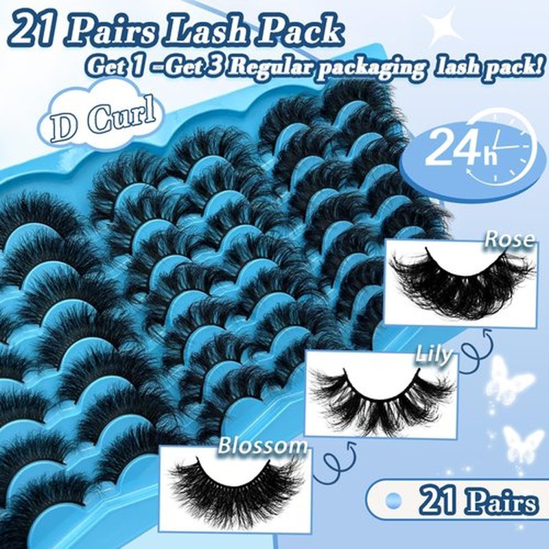 FOINEMYED 21 Pairs False Eyelashes 3 Styles Mixed Strip Lashes 18-25mm Fluffy Eyelashes Pack 8D Volume Super Soft Faux Mink Lashes D Curl Eyelashes