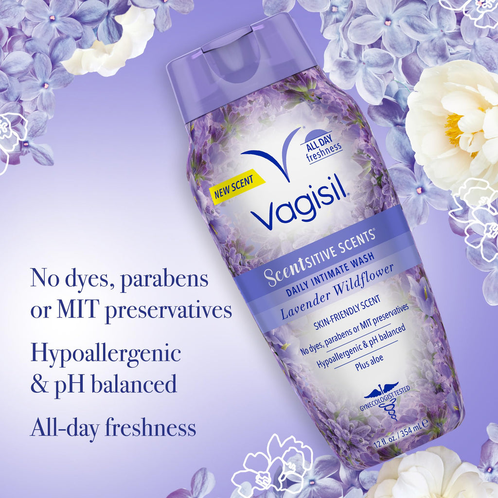 Vagisil Feminine Wash for Intimate Area Hygiene, Scentsitive Scents, pH Balanced and Gynecologist Tested, Spring Lilac, 12 oz (Pack of 3)