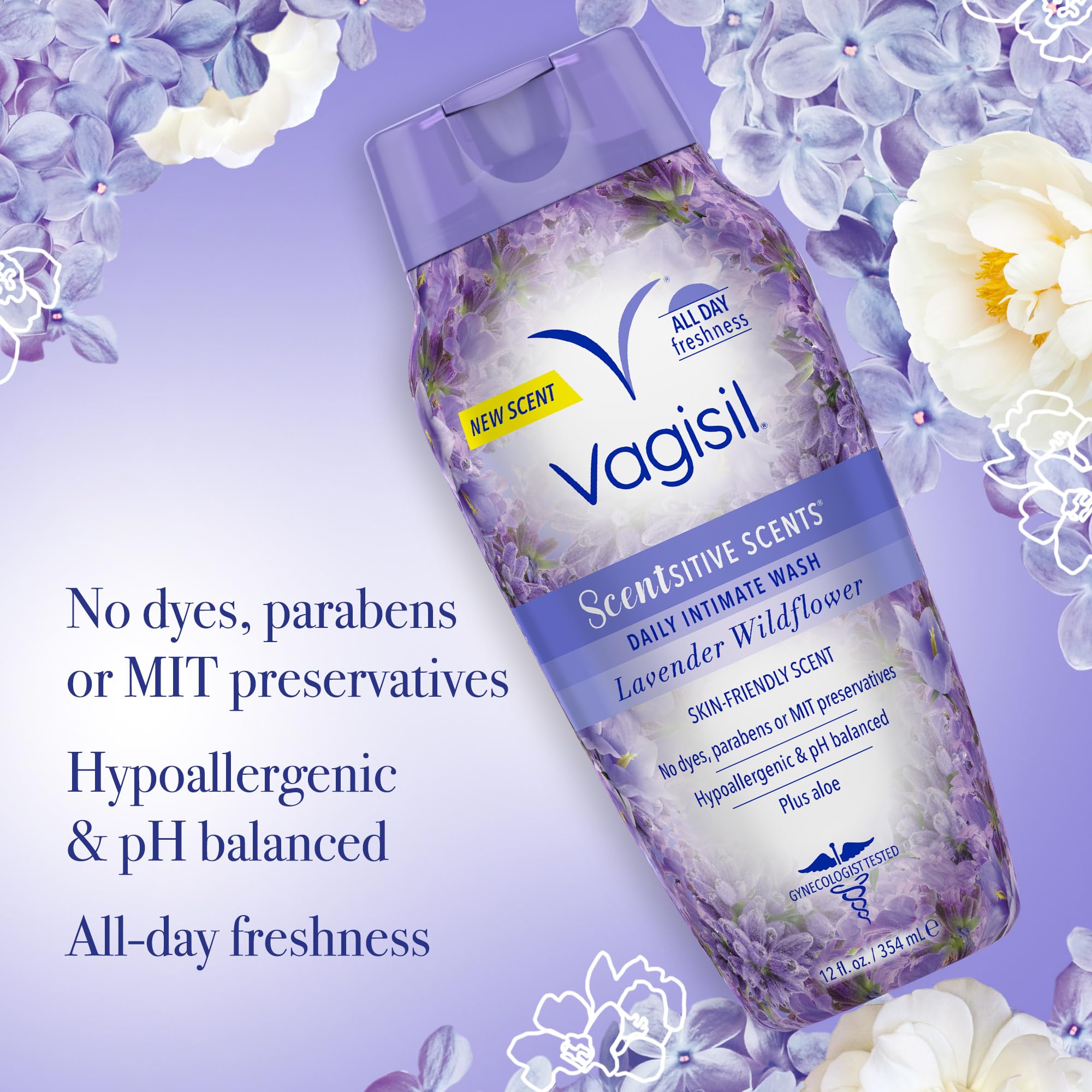 Vagisil Feminine Wash for Intimate Area Hygiene, Scentsitive Scents, pH Balanced and Gynecologist Tested, Spring Lilac, 12 oz (Pack of 3)