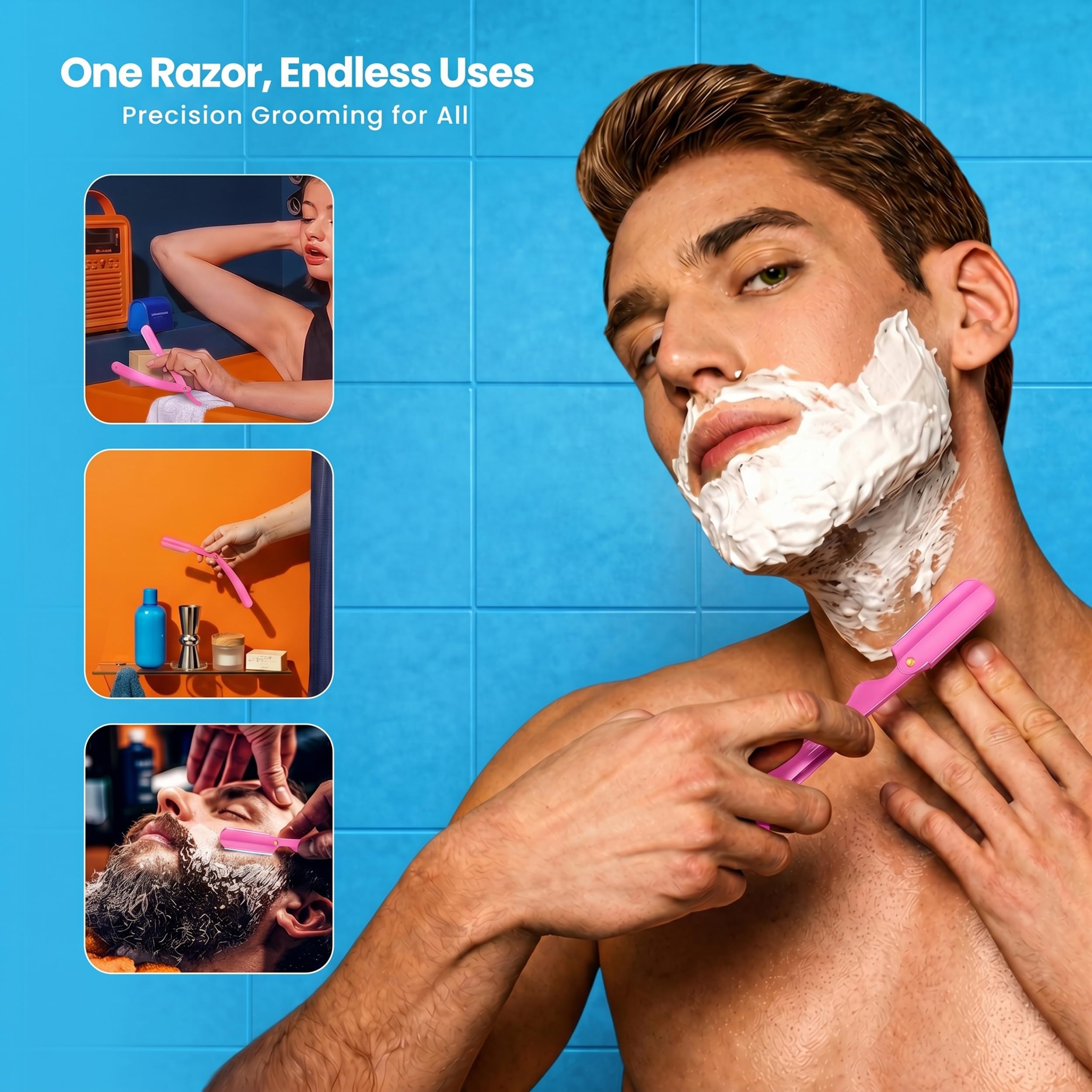 Utopia Care Professional Straight Razor for Men, Barber Straight Edge Razor Safety with 100 Pack Blades, Pink