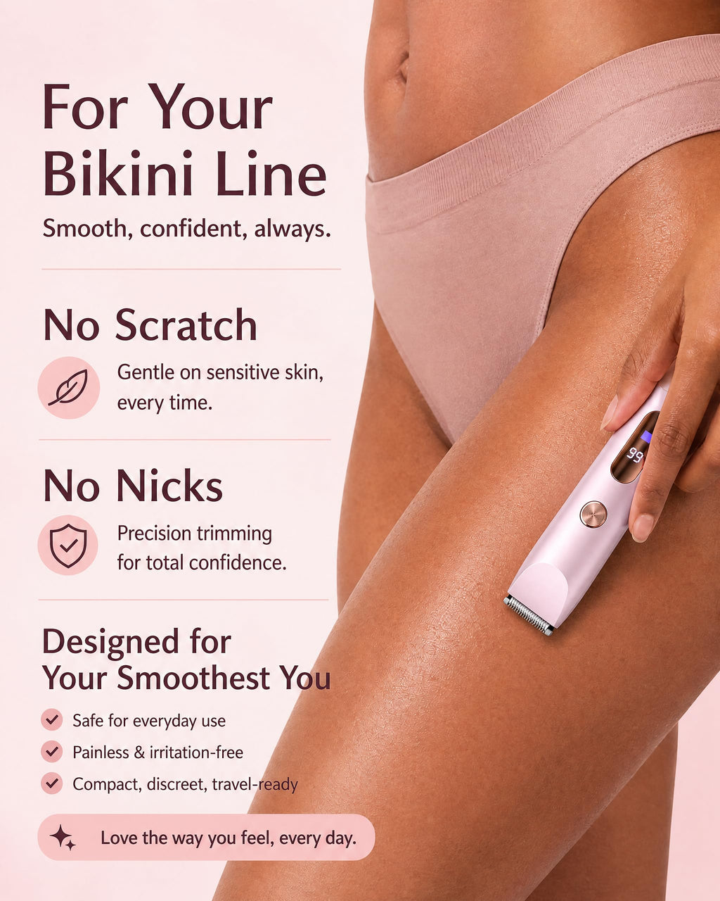 AiooTisu Painless Bikini Trimmer for Women - 2-in-1 Electric Shaver for Sensitive Skin, No Nick No Cut, Waterproof & Rechargeable, Dual Head Razor for Bikini, Face & Body