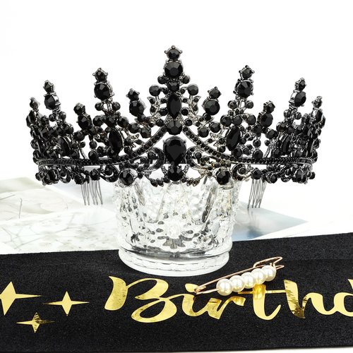 CURASA Black Goth Birthday Crown Adult Woman & Glitter Black Gothic Birthday Queen Sash Princess Tiara for Party Decorations Celebrations
