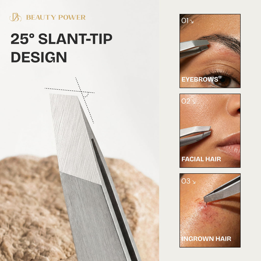 Beauty Power Professional Tweezers Set – Slant & Point, Ultra Precision German Stainless Steel Tweezers for Eyebrows, Chin, Ingrown Hair & Facial Grooming – Lightweight with Case - Gift Idea - Gray
