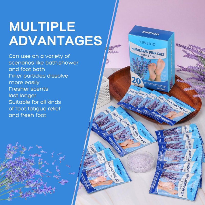 XIWEIOO 20 Pack Himalayan Pink Salt Feet Soak lavender foot soaking Pedicure kit Supplies for Foot Spa Foot Soak Salts with Epsom Salt for Soaking Lavender Pedicure kit Callus Remover