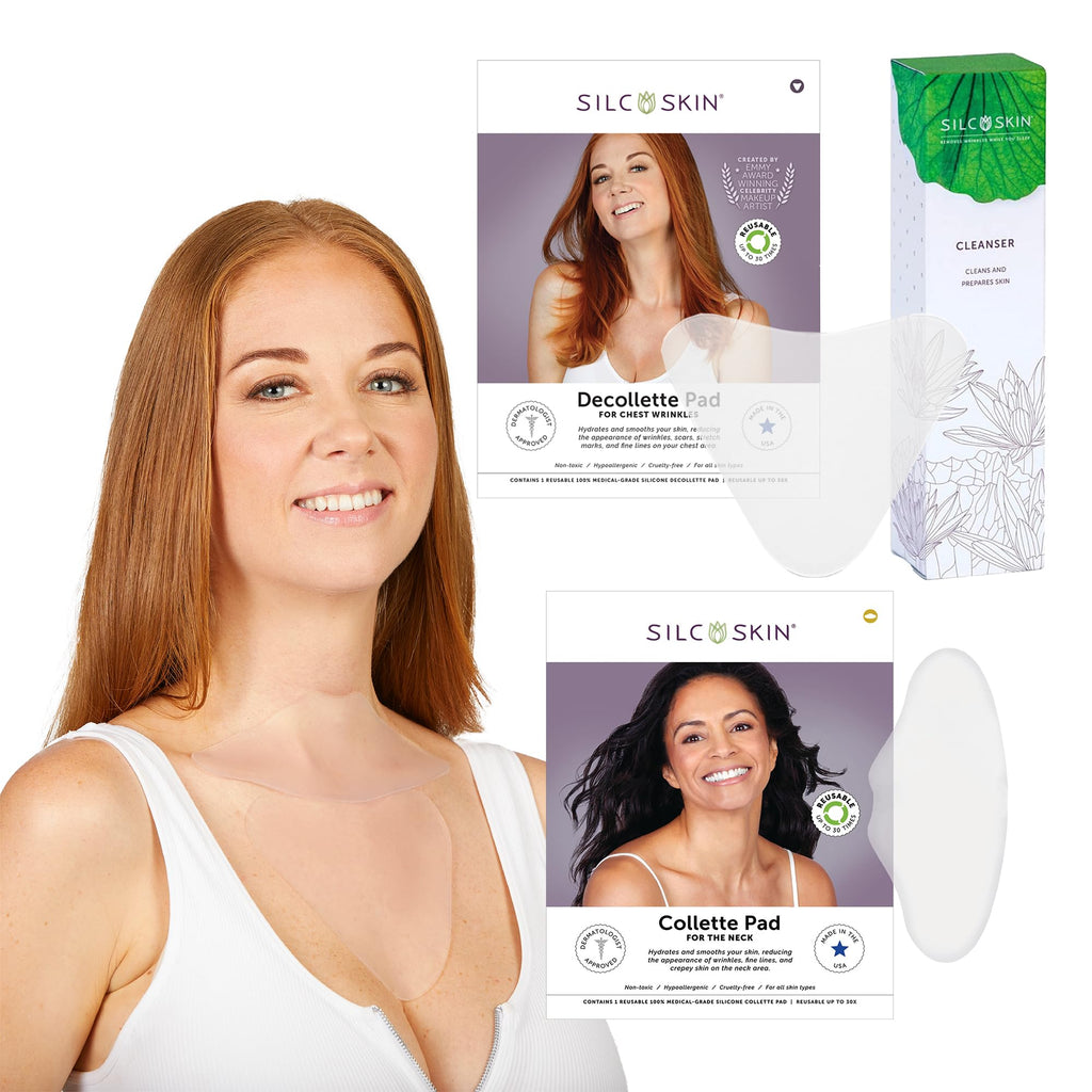 Silcskin Chest And Neck Care Bundle With Decollette Pad Collette Pad And Skin Cleanser, Reusable Medical Grade Silicone For Chest And Neck Wrinkles