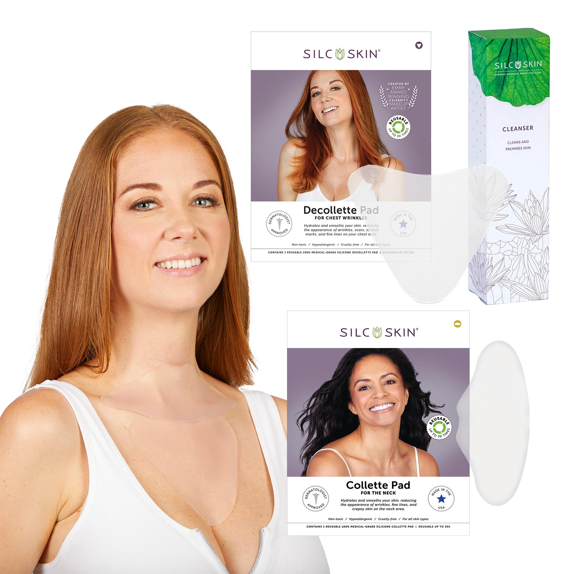 Silcskin Chest And Neck Care Bundle With Decollette Pad Collette Pad And Skin Cleanser, Reusable Medical Grade Silicone For Chest And Neck Wrinkles