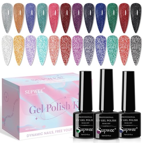 SUPWEE 12 Colors Reflective Glitter Gel Polish - Silver Pink Blue Sparkle Gel Nail Polish Shimmer Holographic Nail Gel Polish Manicure Soak Off Lamp Gel Home DIY Varnish
