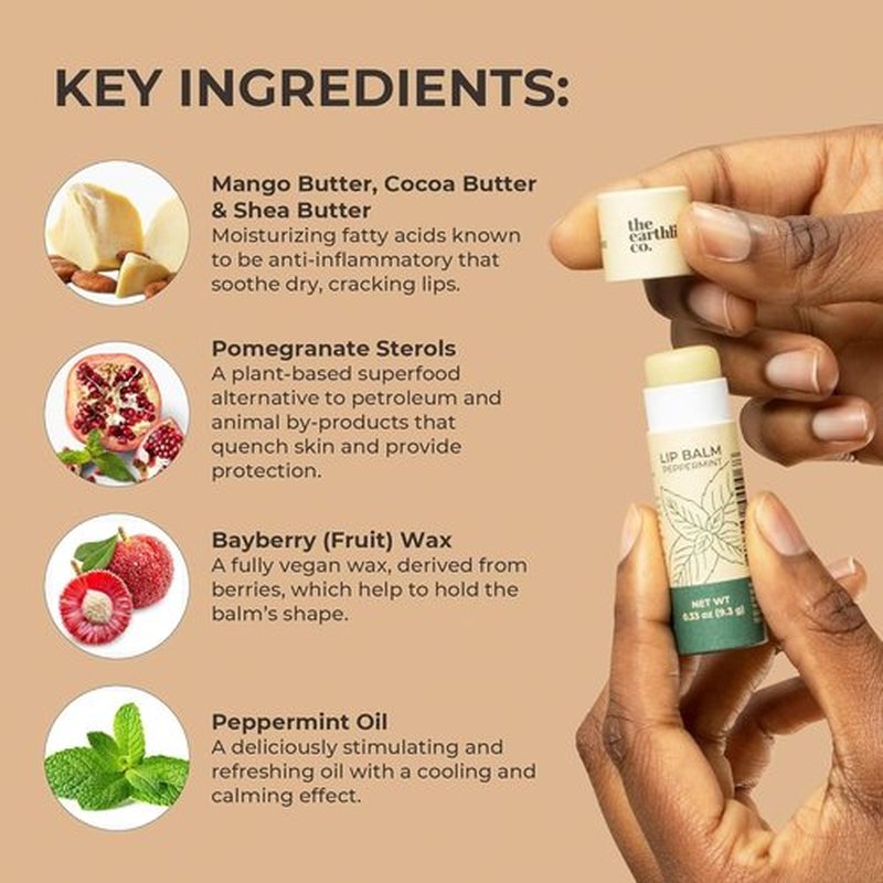 The Earthling Co. Lip Balm - Organic Mint Moisturizer - Bee-Free Treatment Stick with Pomegranate & Coconut (0.33 oz)