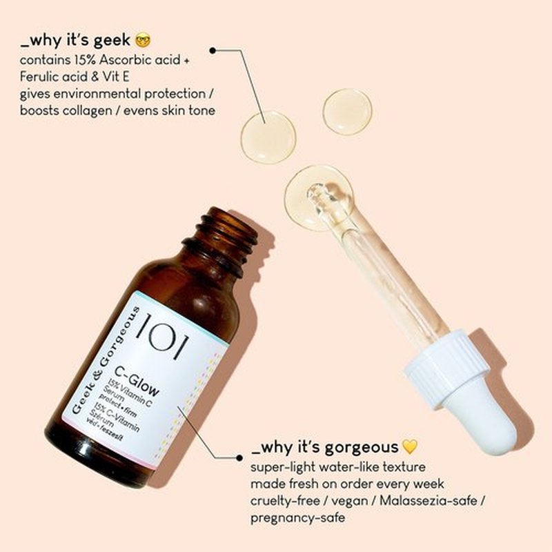Geek & Gorgeous - C-Glow - lightweight, water-like 15% Vitamin C + Ferulic acid & Vitamin E Serum, protects against environmental damage, boosts collagen & evens skin tone - all skin types, 1 oz