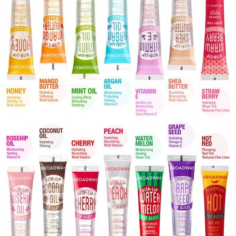 Ruby Kisses Broadway Vita-Lip Clear Lip Gloss (10 Pack), Hydrating & Soothing Formula with Vitamin, High-Shine Non-Sticky Lip Balm with Mint, Rosehip, Coconut, Mango, Argan, Honey, Shea, Cherry, Peach