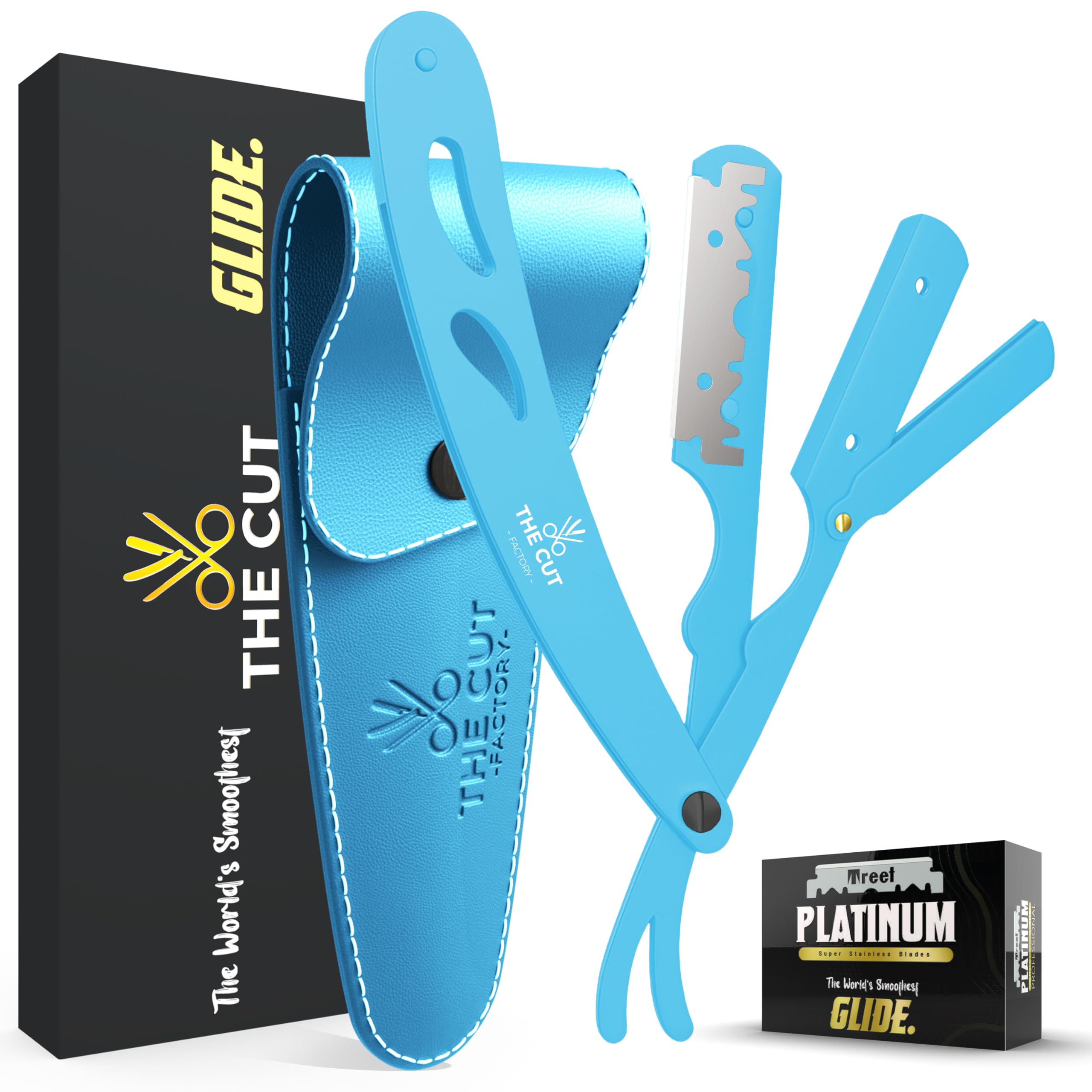 The Cut- Factory- Straight Razor with 20 Pack Platinum Treet Single Blade Razors for Men- Professional Barber Straight Edge Razor for Close Shaving 100 Percent Stainless Steel, Blue