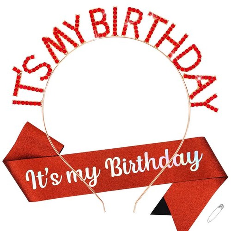 BAHABY It's My Birthday Princess Sash Set - Red Headband, Tiara & Accessories for Women Girls Happy Party