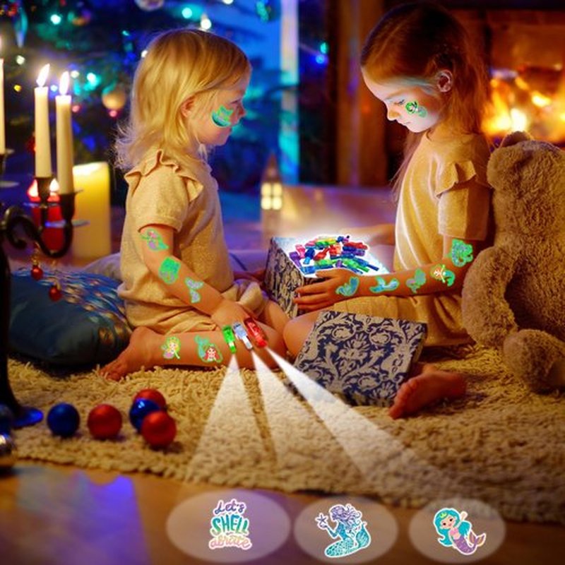72 PCS Mermaid Party Favors – 48 PCS Luminous Tattoos & 24 PCS LED Finger Lights Combo – Birthday Goodie Bag Fillers, Party Supplies, Gifts Light Up Toys Glow In The Dark for Boys and Girls