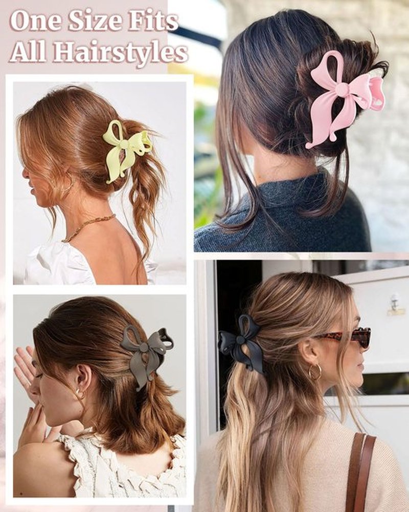 Mesovor 4 Pack Cute Bow Claw Clip for Women, Nonslip Large Matte Strong Hold Bows Hair Clips for Thin and Thick Hair | Chic Hair Styling Accessories (4.1" Black, Brown, Beige, Pink)