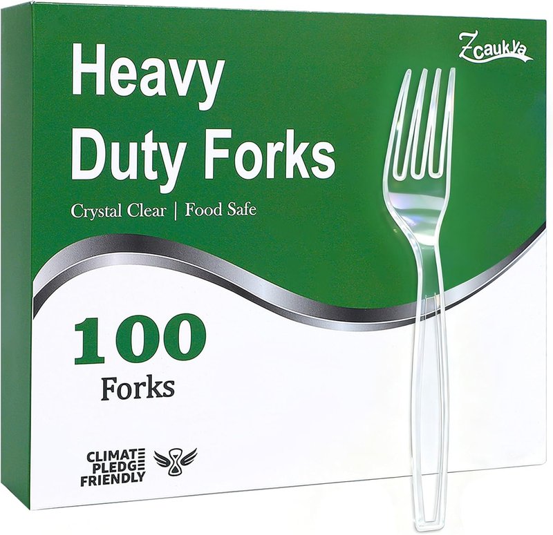Zcaukya Disposable Plastic Forks - Heavy Duty Clear Utensils for Parties & Catering | 100 Count Set