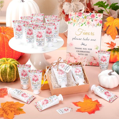 Dansib 48 Sets Fall Hand Cream Bulk Gifts for Guest Baby Shower Party Favors Travel Size Pumpkin Hand Cream with Thank You Cards for Autumn Thanksgiving Party Supplies(Pink Pumpkin)