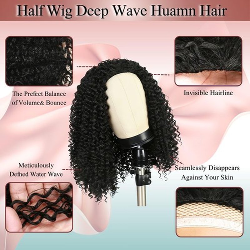 Pinketer Deep Wave Half Wig Human Hair 24inch Wear and Go Glueless Curly Wig 200% Density 3 In 1 Seamless Flip Over Drawstring No Headband Wig for Black Women Beginner Friendly Natural Color
