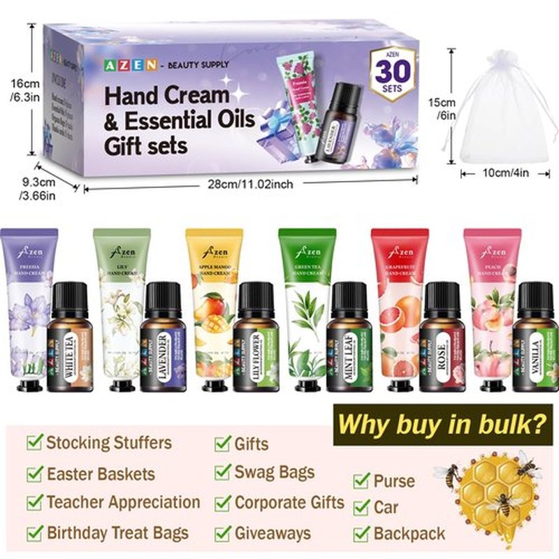 AZEN 30 Sets Bulk Gifts, Hand Cream and Essential Oils Bulk Set with Organza Bag Thank You Card, Baby Shower Wedding Gifts for Guests, Bridal Wedding Favors, Valentines Gift for Women