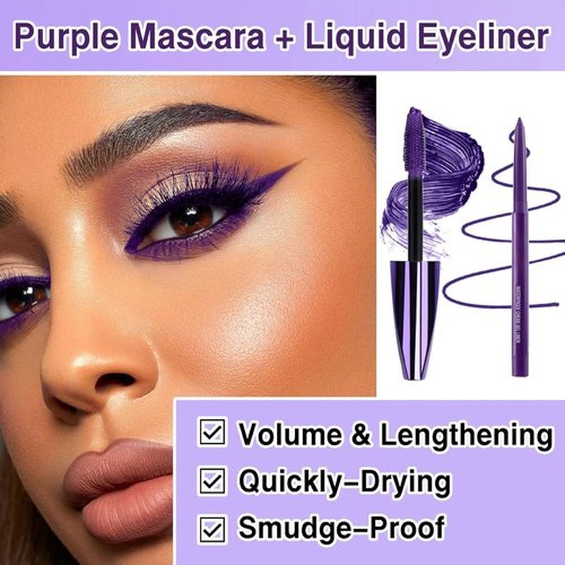 Skiennix Purple Mascara & Eyeliner Set - 5D Volume, Length, Waterproof Formula for All Skin Types