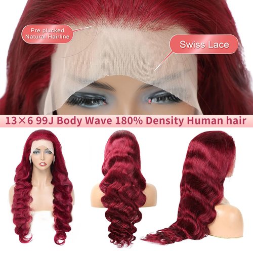 24 Inch Burgundy Lace Front Wigs Human Hair 99j 13x6 Body Wave Wigs Human Hair 180% Density Preplucked Full and Thick,100% Real Human Hair No Synthetic Blend No Tangle No Shedding Triple Lifespan 3X