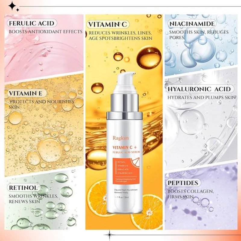 Ragkun 20% Vitamin C Serum, Retinol Serum for Face, Dark Spot Remover for Face, CE Ferulic Acid, Hyaluronic Acid, Hydrate & Plump Skin Care Anti Aging Wrinkle Brightening Skincare -1 Fl Oz.