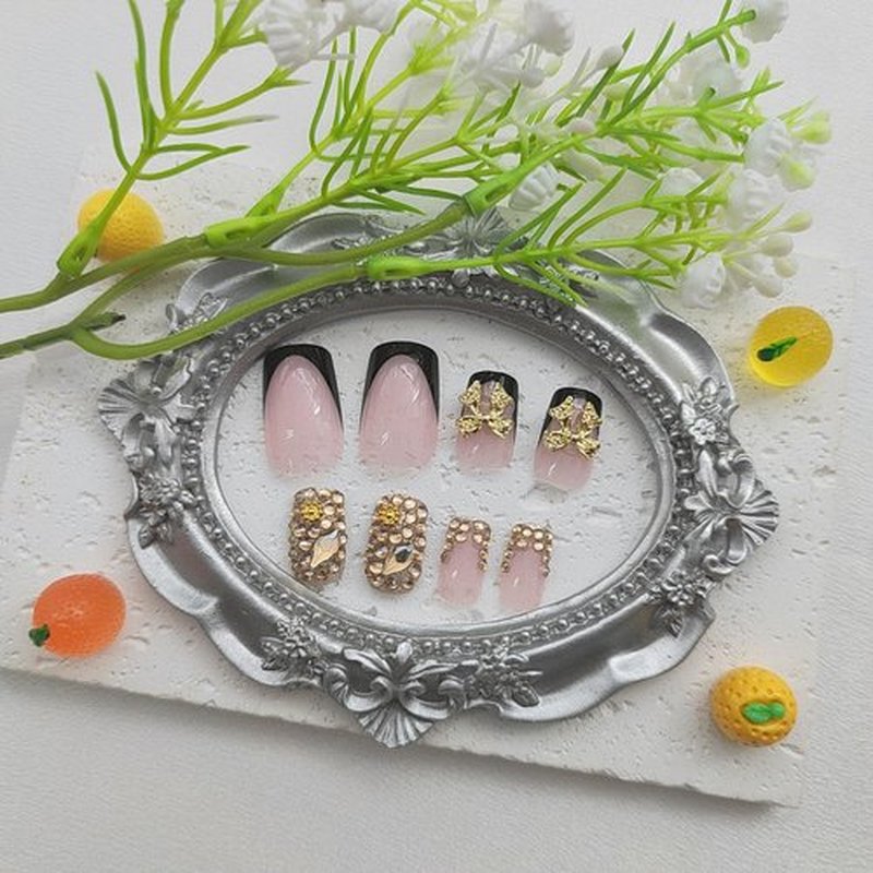 Medium Press on Nails Square Fake Nails with Bow Rhinestones Designs Black French Tip Nails Press ons Gold Glitter Acrylic Nails for Women 24Pcs