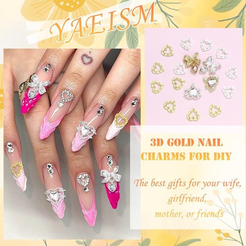 Heart Nail Charms 3D 30PCS Crystal Bow Nail Charms Gold Silver Heart Charms for Nails Crystal Nail Gems and Rhinestones for Nail Art and DIY Crafts Decoration